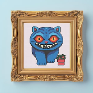 digital cross stitch pattern pdf derpy the tiger from kpop demon hunters quirky fan art design embroidery chart silly billy cross instant download geeky hoop art colourful tiger meme aesthetic embroidery inspired by movie characters huntrix and saja boys includes dmc floss list black and white and colour charts unique handmade gift for kpop stans cosplay fans anime lovers and nerdy fandom culture embroidery project