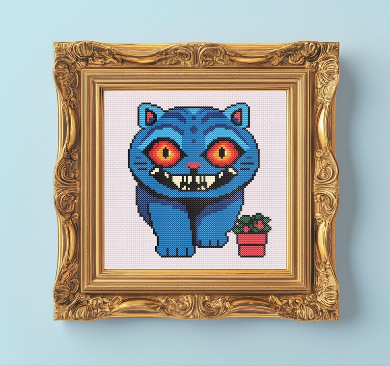 digital cross stitch pattern pdf derpy the tiger from kpop demon hunters quirky fan art design embroidery chart silly billy cross instant download geeky hoop art colourful tiger meme aesthetic embroidery inspired by movie characters huntrix and saja boys includes dmc floss list black and white and colour charts unique handmade gift for kpop stans cosplay fans anime lovers and nerdy fandom culture embroidery project
