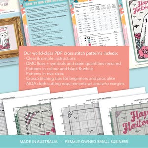May include: A collection of cross-stitch patterns with a Halloween theme. The patterns include clear instructions, DMC floss symbols, and come in color and black & white. The image also includes the text "Happy Halloween".