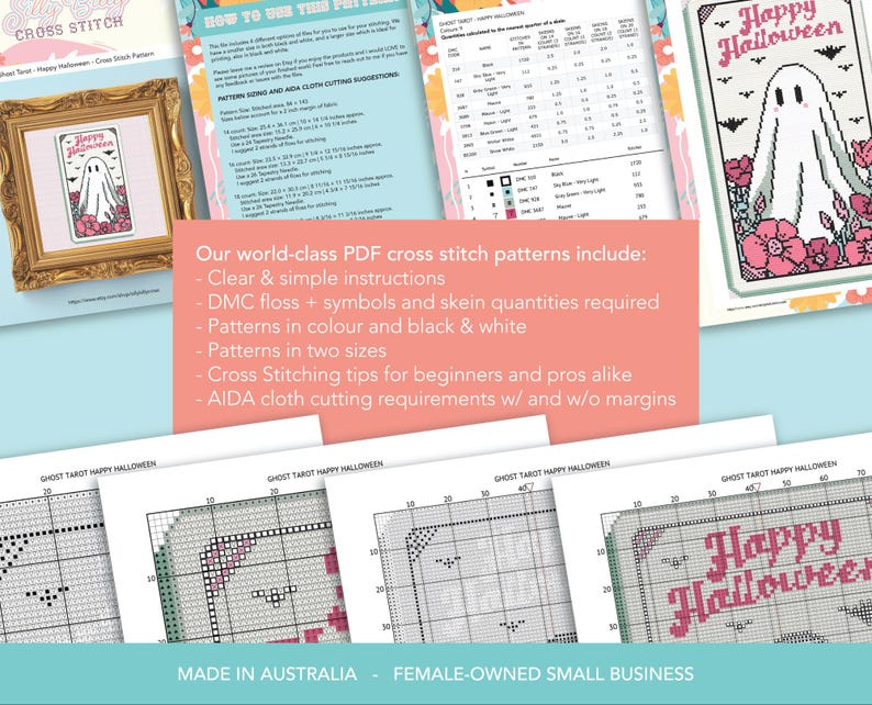 May include: A collection of cross-stitch patterns with a Halloween theme. The patterns include clear instructions, DMC floss symbols, and come in color and black & white. The image also includes the text "Happy Halloween".