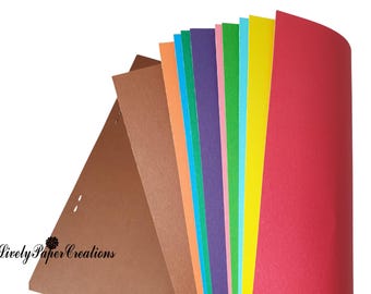 Könnte beinhalten: Ein Stapel farbiges Kartonpapier in verschiedenen Farbtönen von Braun, Orange, Blau, Lila, Rosa, Grün, Türkis und Gelb. Das Papier ist fächerförmig angeordnet, wobei das rote Papier oben liegt. Das Papier ist strukturiert und hat einen leichten Glanz. Der Text "Lively Paper Creations" ist unten im Bild sichtbar.
