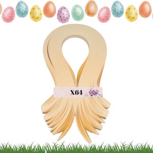 May include: A pack of 64 strips of light yellow paper quilling strips. The strips are folded in half and arranged in a fan shape. The pack is labeled "X64".