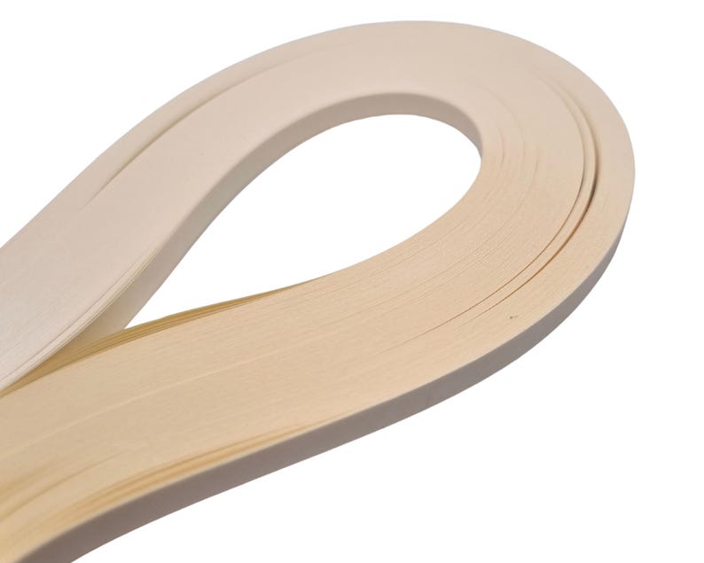 May include: A close-up of a roll of ivory-colored paper quilling strips. The strips are thin and delicate, and they are perfect for creating intricate paper crafts.