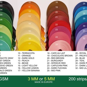 May include: A collection of 32 different colored paper strips, each with a number and name. The paper strips are 3 mm or 5 mm wide and 130 gsm. The paper is made in Europe. 200 strips per pack.