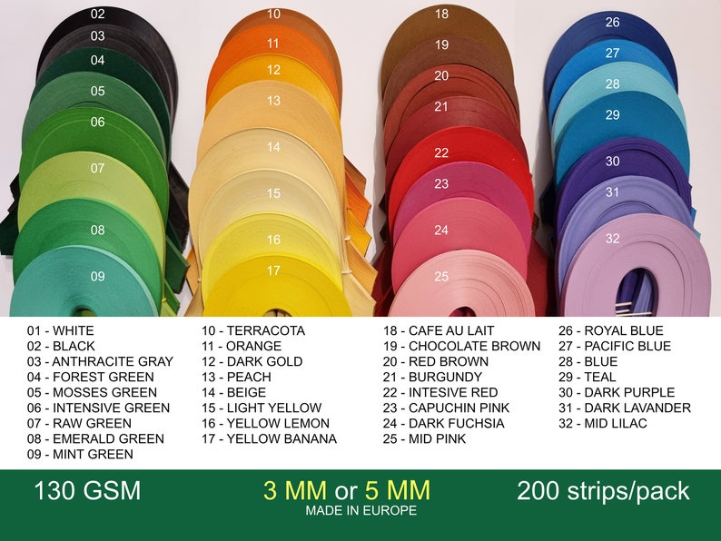 May include: A collection of 32 different colored paper strips, each with a number and name. The paper strips are 3 mm or 5 mm wide and 130 gsm. The paper is made in Europe. 200 strips per pack.