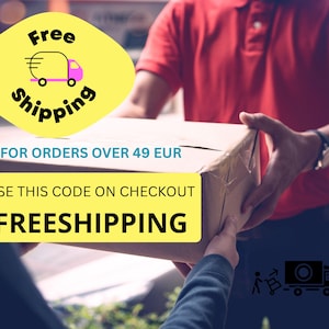 May include: A yellow circle with the text "Free Shipping" in black and a pink delivery truck icon. The text "FOR ORDERS OVER 49 EUR" is in blue. The text "USE THIS CODE ON CHECKOUT" is in black. The text "FREESHIPPING" is in yellow. A person is handing a brown package to another person.