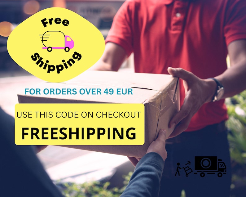 May include: A yellow circle with the text "Free Shipping" in black and a pink delivery truck icon. The text "FOR ORDERS OVER 49 EUR" is in blue. The text "USE THIS CODE ON CHECKOUT" is in black. The text "FREESHIPPING" is in yellow. A person is handing a brown package to another person.