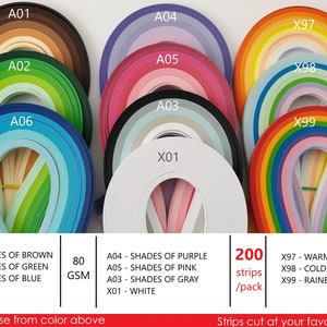 May include: Assortment of 200 paper strips in various colors, including shades of brown, green, blue, purple, pink, gray, and white. The strips are 80 gsm and are available in warm, cold, and rainbow color options. Choose from color above. Strips cut at your favorite width.