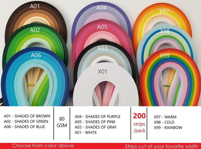 May include: Assortment of 200 paper strips in various colors, including shades of brown, green, blue, purple, pink, gray, and white. The strips are 80 gsm and are available in warm, cold, and rainbow color options. Choose from color above. Strips cut at your favorite width.