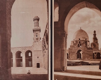 Een paar prachtige sepia-fotogravures van Lehnert en Landrock van de moskeeën in Caïro