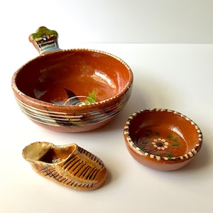 A Collection of MidCentury Mexican Pottery Souvenirs with a Hand Painted Tlaquepaque Bowl