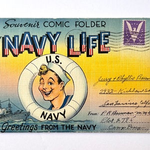 World War 2 U.S. Navy Souvenir Postcard Comic Folder “Greetings From The Navy”