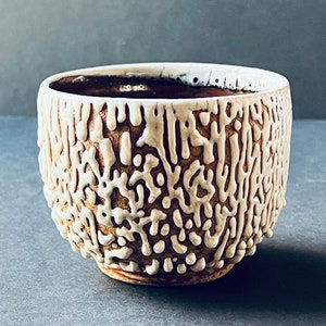 May include: A small, white ceramic bowl with a brown glaze and a unique, organic pattern. The bowl has a rounded shape and a slightly flared rim.