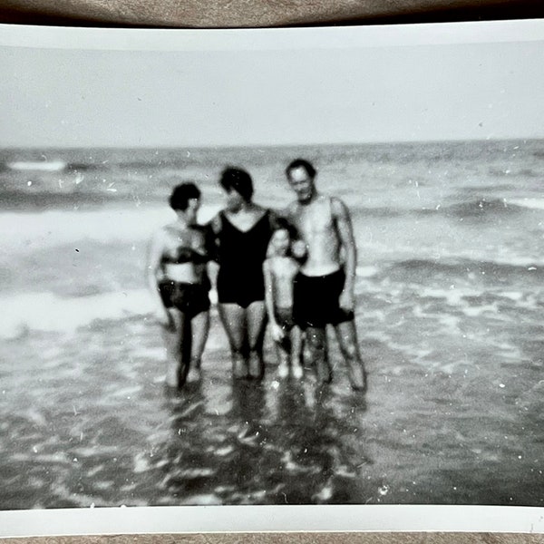 Anonymous Vintage Amateur Found Black & White Photograph of a Blurry Family at the Beach