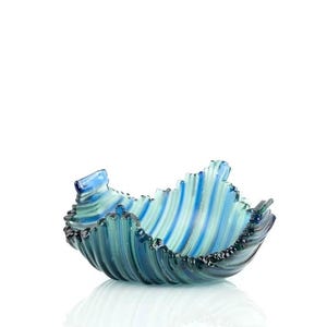 Contemporary blue fused glass bowl with green accents Stylish ocean-inspired centerpiece  Handmade functional art Perfect gift Table accent