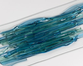 Fused blue glass wall art Ocean vertical wall panel Coastal home décor Office accent Ocean waves sculpture artwork Modern interior design