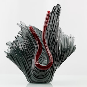 Black Fused Glass Vase with Red Accent – Modern Handmade Sculptural Vase, Unique Glass Art Décor