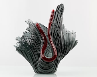 Black Fused Glass Vase with Red Accent – Modern Handmade Sculptural Vase, Unique Glass Art Décor