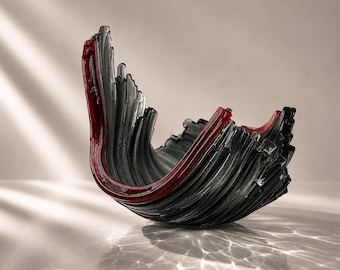 Cuenco de vidrio fundido hecho a mano: arte abstracto en negro y rojo, decoración escultórica moderna de lujo