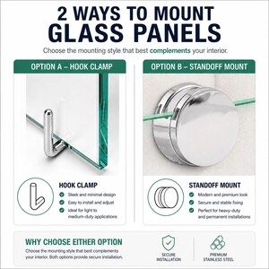 Mounting infographic for fused glass wall art, comparing a hook clamp with a round standoff mount in close-up views of metal hardware supporting the edge of a clear glass panel.
