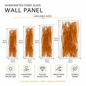 Size infographic for an amber modern glass wall panel, showing four options: 36 x 15, 42 x 15, 46 x 20 and 57 x 35 cm, with corresponding measurements in inches.