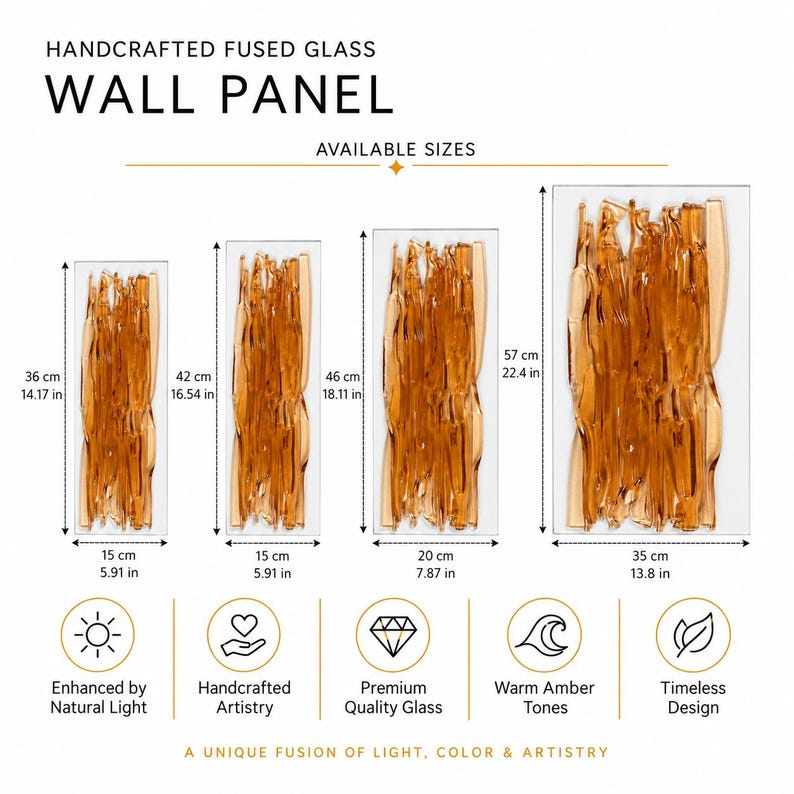 Size infographic for an amber modern glass wall panel, showing four options: 36 x 15, 42 x 15, 46 x 20 and 57 x 35 cm, with corresponding measurements in inches.