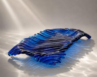 Handmade Blue Fused Glass Platter, Artistic Centerpiece & Serving Tray