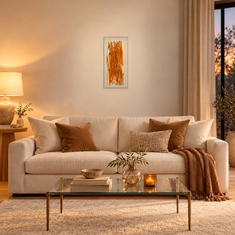 Amber fused glass wall art above a woven-front cabinet, beside a ceramic vase and dried stems, with soft sunlight highlighting the glass in a warm bohemian interior.