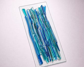 Aqua Blue Fused Glass Wall Art – Handmade Coastal Panel, Home Decor, Interior Design