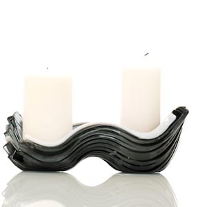 Stylish black glass candle holder with white accent Fused glass art Modern candleholder Abstract functional decor Handmade glass art
