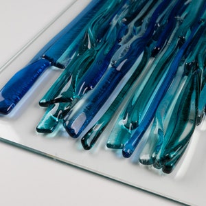 Aqua Blue Fused Glass Wall Panel – Coastal Wall Art | Sea Blue Office Decor | Modern Handmade Home Accent | Contemporary Installation