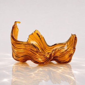 Amber Fused Glass Sculpture, Handmade Abstract Candle Holder & Vase, Modern Functional Art