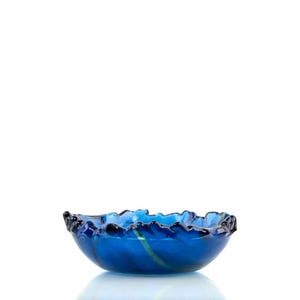 Blue fused glass bowl with green accents Ocean inspired centerpiece Modern decorative bowl Handmade functional art Coastal table decor gift