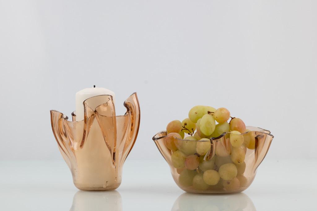 Multifunctional amber glass bowls Set of 2 elegant bowls for counter Handmade home decor set Functional glass artwork Glass centerpiece sets