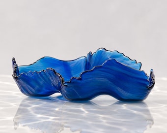 Blue Fused Glass Sculpture: Handmade Abstract Candleholder & Flower Vase, Modern Functional Glass Art Centerpiece