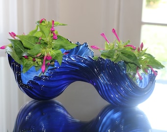 Navy blue fused glass sculpture Luxury home accent Abstract vase for flowers Waves decor 3D glass artwork Ocean decor Interior design