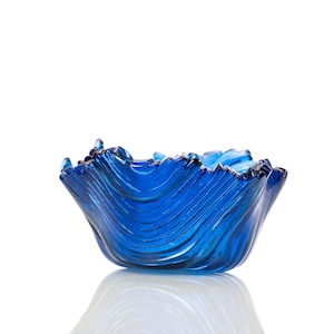 Blue fused glass bowl Ocean inspired glass art Unique handmade centerpiece Contemporary decorative modern home accent Functional table decor