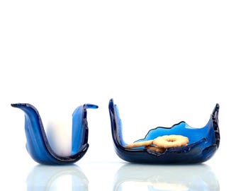 Navy blue multifunctional sculptures Set of 1 fused glass bowl and 1 candle holder Modern home decor set Handmade set Decorative glass sets