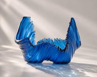 Abstract Fused Glass Sculpture: Navy Blue Modern Table Accent, Handmade Elegant Décor