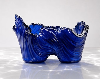 Navy Blue Fused Glass Sculpture: Modern Abstract Table Accent, Handmade Elegant Décor