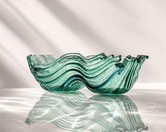 Aqua Green Fused Glass Wave Sculpture: Handmade Coastal Décor, Modern Ocean Centerpiece