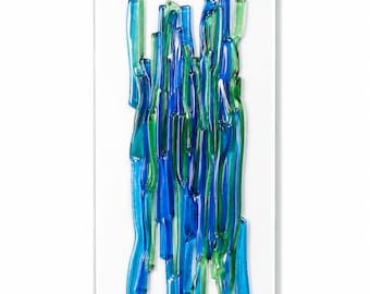 Blue Green Fused Glass Wall Art Panel, Modern Coastal Sculpture, Bathroom Decor