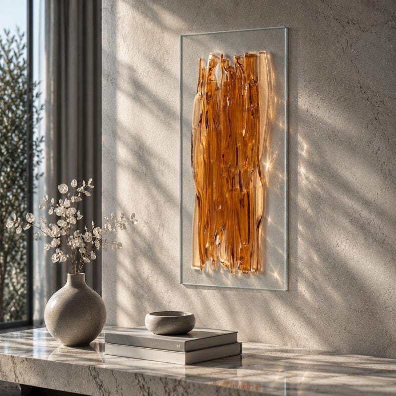 Amber fused glass wall art above a stone console with stacked books and a ceramic vase, as angled sunlight reveals the layered glass and casts soft shadows on the wall.
