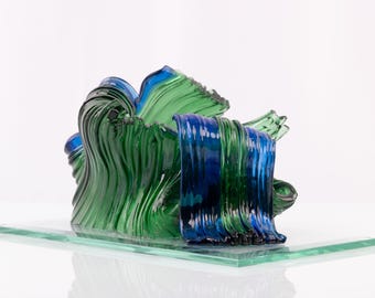 Unique Fused Glass Sculpture: Ocean Wave “Glass Cascade” Centerpiece, Handmade Luxury Décor