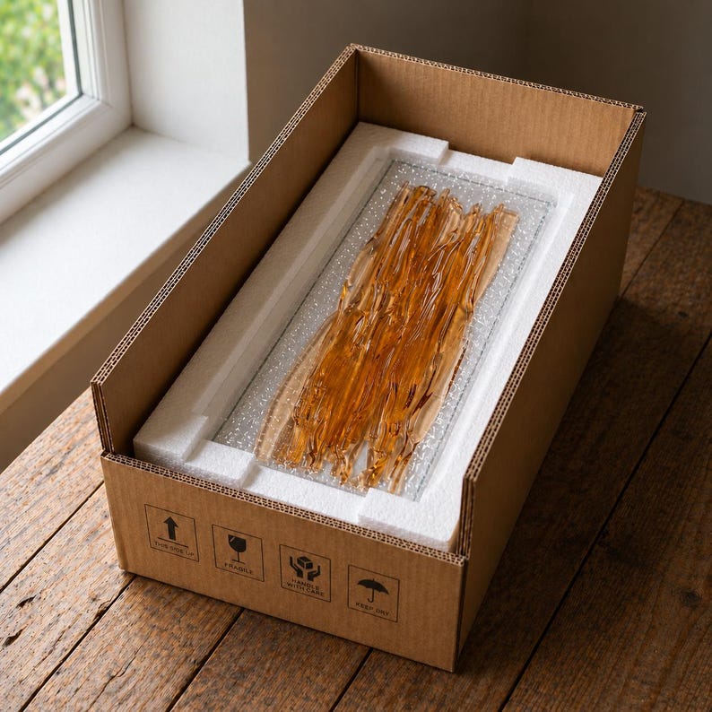 Amber fused glass wall art nestled in white protective foam inside an open cardboard box, with bubble wrap cushioning the textured panel for shipping.