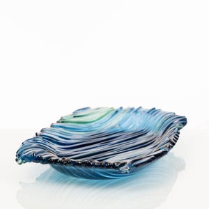 Sea blue fused glass plate Unique table serving art centerpiece Handmade blue with green aesthetic art Tray and platter Fused glass art