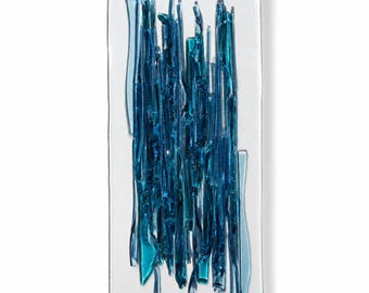 Gran cuadro de pared de vidrio azul fusionado, panel de pared de vidrio contemporáneo, escultura de vidrio arquitectónica moderna hecha a mano, decoración de pared de lujo