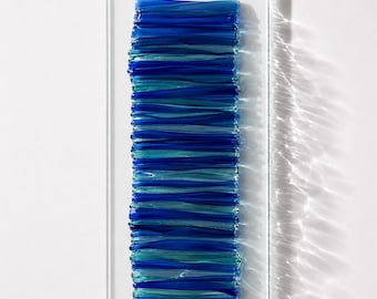 Fused Glass Wall Art Panel: Handmade Sea Blue Abstract Waves, Ocean Decor