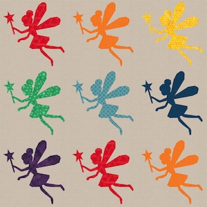 Pode incluir: Nove silhuetas de fadas coloridas com asas estampadas e uma varinha de estrela. Cada fada é de uma cor diferente: vermelho, laranja, amarelo, verde, azul, roxo, rosa e dois tons de laranja.