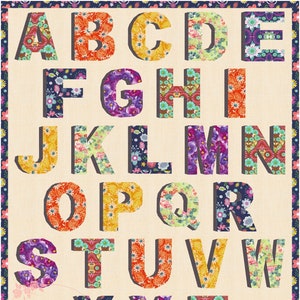 Puede incluir: Un alfabeto colorido con cada letra hecha de un patrón de tela floral diferente. Las letras están en estilo 3D y están sobre un fondo crema.
